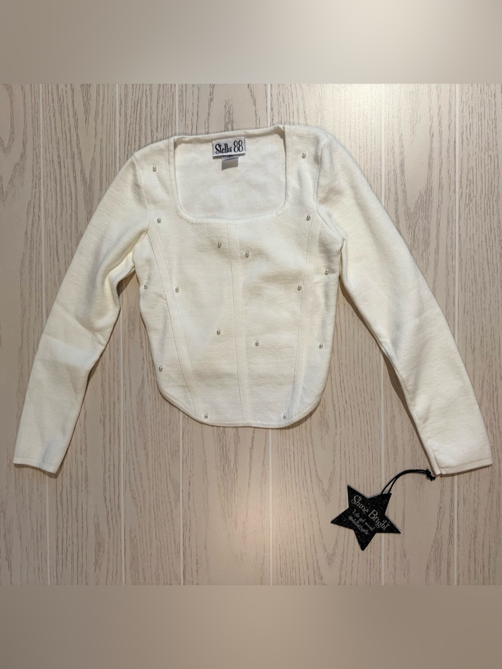 Stella 88 Girls L Pearl Embellished Corset Sweater Ivory Square Neck Party NWT